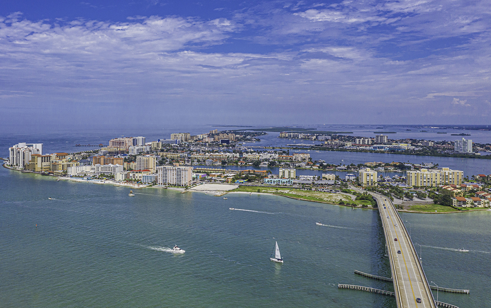 Drone angle view of Clearwater Beach and Bridge.